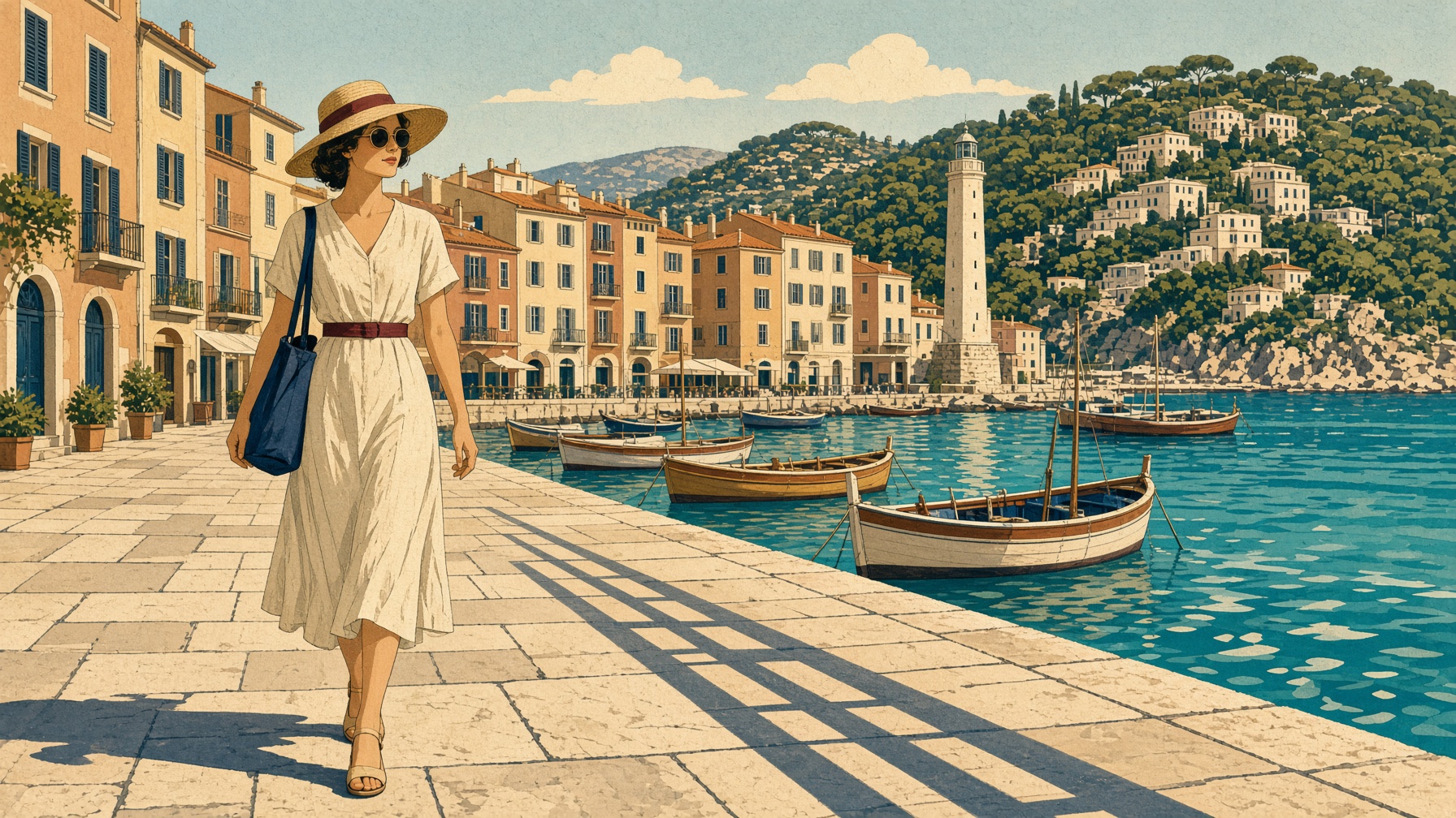 Illustrated travel poster of a woman arriving on a Mediterranean quay